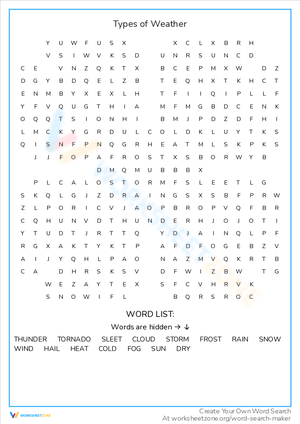 Types of Weather – Word Search Worksheet