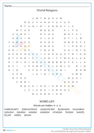 World Religions Word Search Worksheet