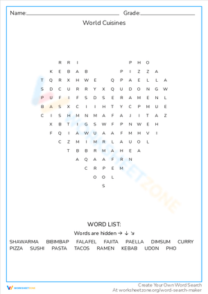 World Cuisines Word Search Worksheet