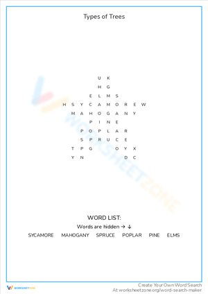 Types of Trees Word Search Worksheet