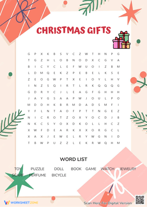 Christmas Gifts Word Search Worksheet