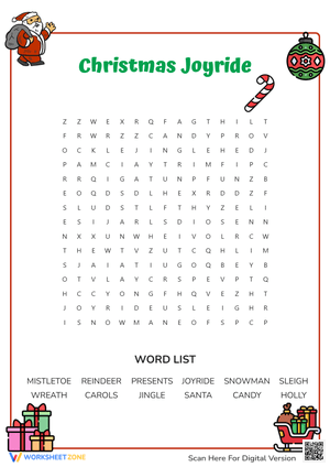 Christmas Joyride Word Search Worksheet