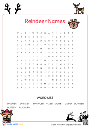 Reindeer Names Word Search Worksheet