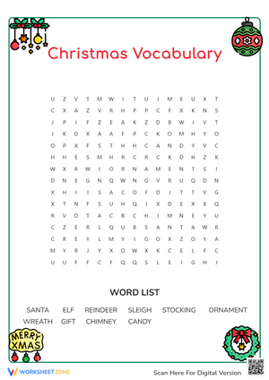 Christmas Vocabulary Word Search Worksheet