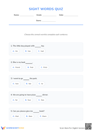 Essential Sight Words Quiz | Grade 2-3 Printable Worksheet
