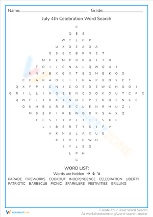 Celebrate with July 4th Celebration Word Search