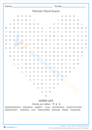 Fun Patriotic Word Search Printable Worksheet