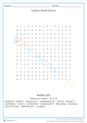 Find Freedom with Liberty Word Search Worksheet