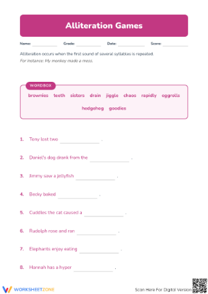 Essential Alliteration Games: Grade 3-4 ELA Worksheet