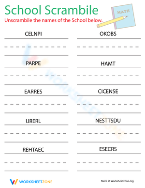 School-Themed Word Scramble Puzzle Worksheet