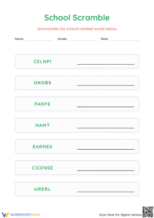 Essential School Word Scramble Worksheet | Grade 3 Spelling