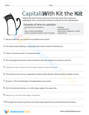 Capitalization Practice with Kit the Cat Worksheet