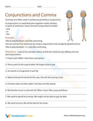 Improve Grammar with Conjunctions and Commas Worksheet