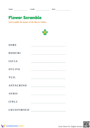 Printable Flower Word Scramble Worksheet | Grade 3 English