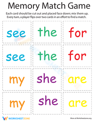 Sight Word Memory Match Game