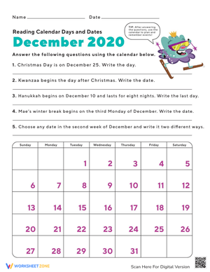 December 2020 Calendar Days and Dates Worksheet