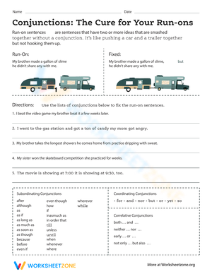 Conjunctions: Cure for Run-On Sentences Worksheet