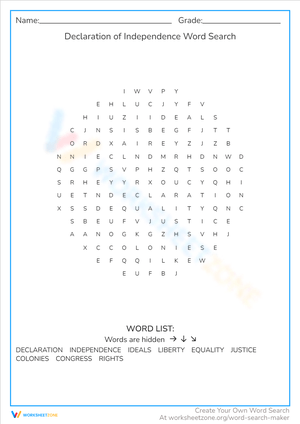 Declaration of Independence Word Search Puzzle