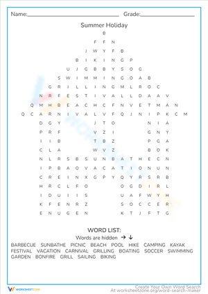 Summer Holiday Worksheet