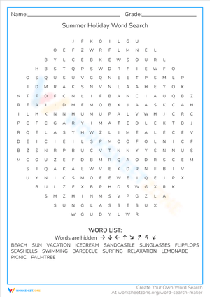 Summer Holiday Word Search Worksheet