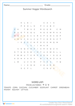 Summer Veggie: A Fun Word Search