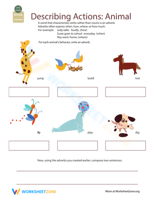 Adverbs: Animal Actions Worksheet