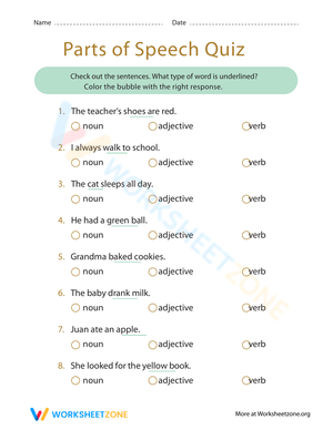 Parts of Speech Quiz Worksheet