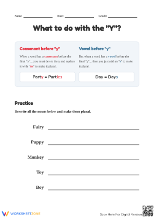 Printable Plural Nouns with Y Worksheet | Grade 1