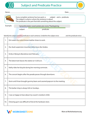 Subject and Predicate Grammar Practice Worksheet