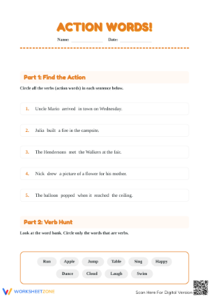 Action Verbs Worksheet | Grade 1 ELA Printable