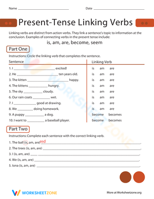 Present Tense Linking Verbs Grammar Worksheet