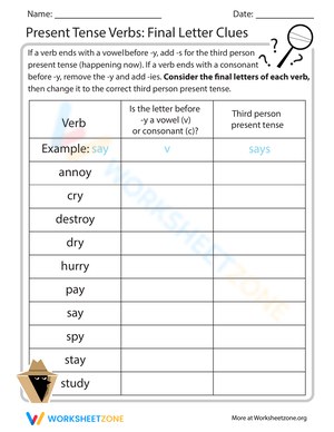Present Tense Verbs Final Letter Clues Worksheet