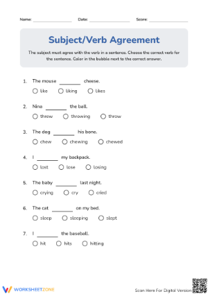 Essential Subject-Verb Agreement Quiz | Grade 3 Printable