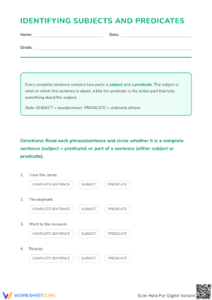 Subjects and Predicates Worksheet | Essential Grade 4