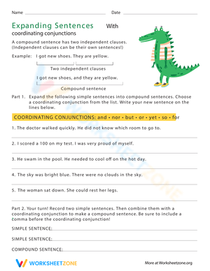 Expanding Sentences with Conjunctions Worksheet