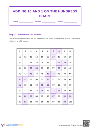 Printable Hundreds Chart Addition: Adding 10 and 1 Worksheet