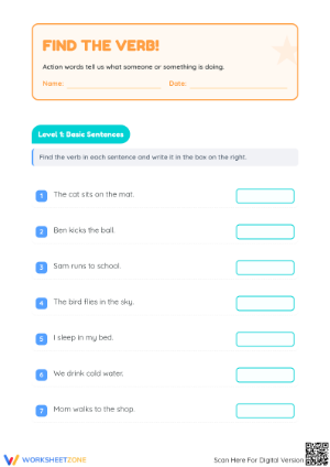 Printable Find the Verbs Worksheet | Grade 3 ELA