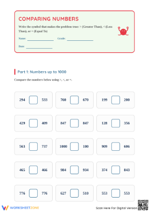 Essential Comparing Three-Digit Numbers Worksheet | Grade 1