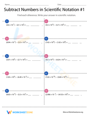 Subtracting Numbers in Scientific Notation Worksheet