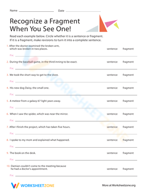 Recognize Sentence Fragments Worksheet