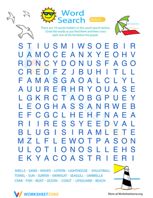Beach Fun Word Search - Find 19 Summer Vacation Words!