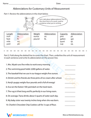 Abbreviations for Customary Units Worksheet
