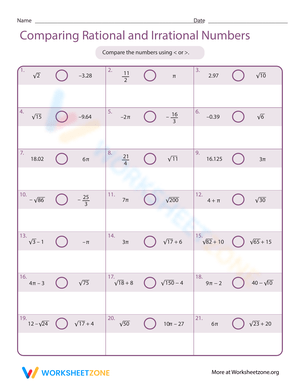 Comparing Rational and Irrational Numbers Worksheet