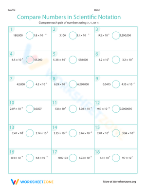 Comparing Numbers in Scientific Notation Worksheet
