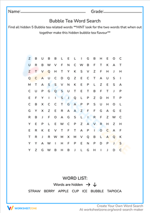 Bubble Tea Word Search Puzzle - Find Flavors & Hidden Words!