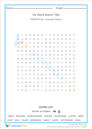 Everyday Objects Word Search - Home Items Vocabulary Puzzle