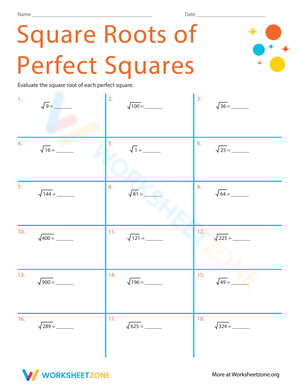 Square Roots of Perfect Squares Worksheet