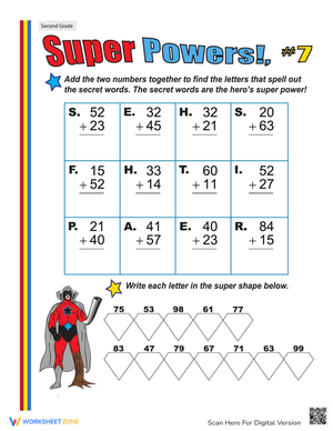Super Powers Two-Digit Addition Worksheet