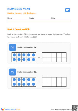 Printable K.NBT.A.1 Worksheet: Make 11–19 in Ten Frames