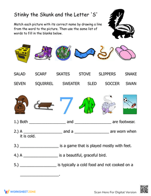 Improve literacy skills with this fun letter "S" worksheet. Kids match words to pictures and fill in sentences to learn new vocabulary.